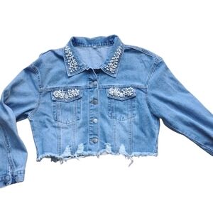 NWT Cropped Pearlcore Denim Jacket XL Light Wash Soft‑Grunge Coquette